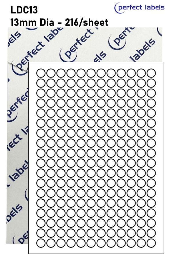 LDC13 White Deepfreeze Perfect Labels | 13mm Dia Circles 216 Labels Per Sheet - A4 100 or 500 Sheets/Box