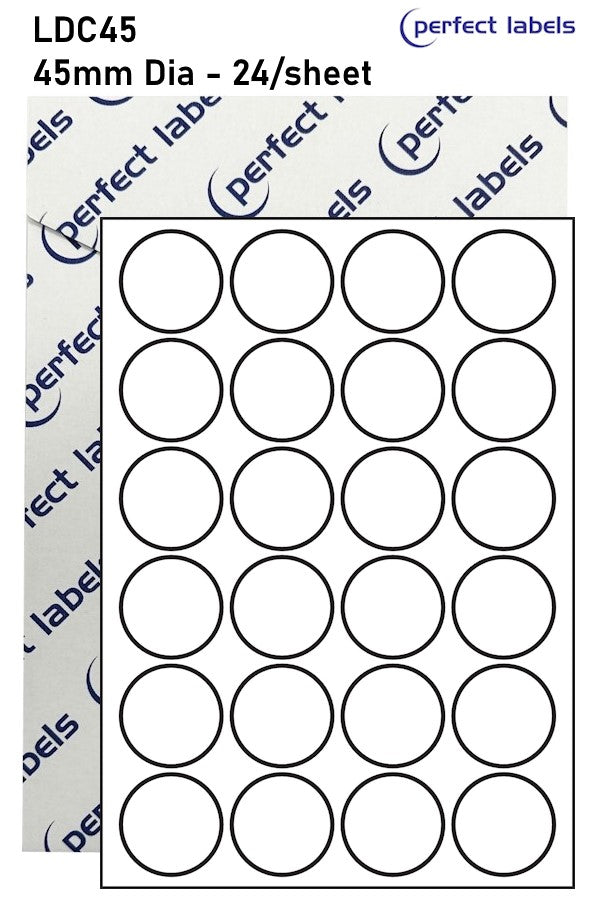LDC45 White Deepfreeze Perfect Labels | 45mm Dia Circles 24 Labels Per Sheet - A4 100 or 500 Sheets/Box
