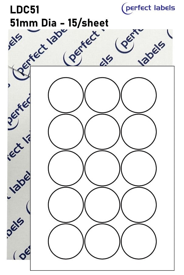LDC51 Perfect Labels | 51mm Dia Circles 15 Labels Per Sheet - A4 100 or 500 Sheets/Box