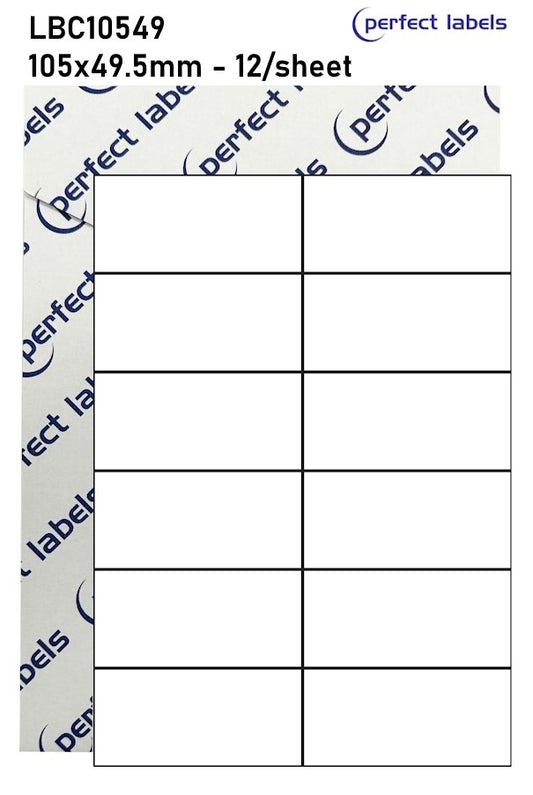 LBC10549 Perfect Labels | 105x49.5mm Rectangles 12 Labels Per Sheet - A4 100 or 500 Sheets/Box