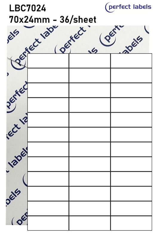 LBC7024 Perfect Labels | 70x24mm Rectangles 36 Labels Per Sheet - A4 100 or 500 Sheets/Box