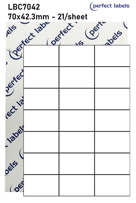 LBC7042 Perfect Labels | 70x42.3mm Rectangles 21 Labels Per Sheet - A4 100 or 500 Sheets/Box