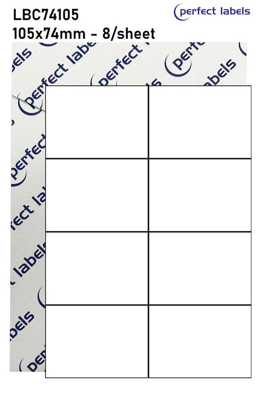 LBC74105 Gloss White Polyester Permanent Perfect Labels | 105x74mm Rectangles 8 Labels Per Sheet - A4 100 or 500 Sheets/Box