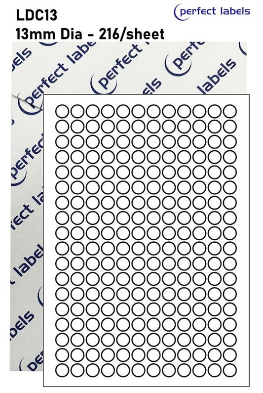 LDC13 White Deepfreeze Perfect Labels | 13mm Dia Circles 216 Labels Per Sheet - A4 100 or 500 Sheets/Box