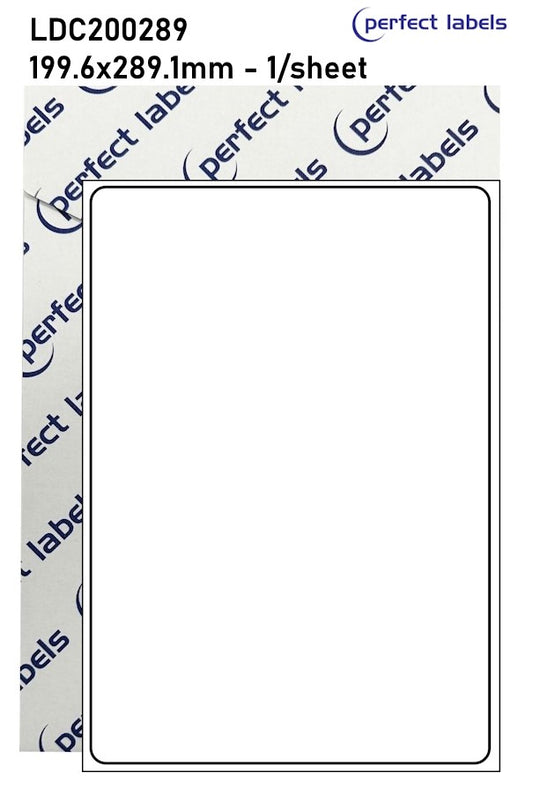 LDC200289 Perfect Labels | 199.6x289.1mm Rectangles 1 Labels Per Sheet - A4 100 or 500 Sheets/Box