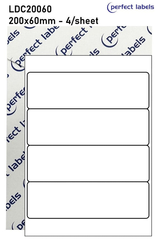 LDC20060 Gloss White Polyester Permanent Perfect Labels | 200x60mm Rectangles 4 Labels Per Sheet - A4 100 or 500 Sheets/Box