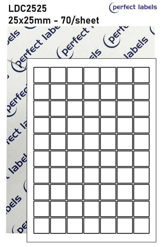 LDC2525 Blue Permanent Perfect Labels | 25x25mm Squares 70 Labels Per Sheet - A4 100 or 500 Sheets/Box
