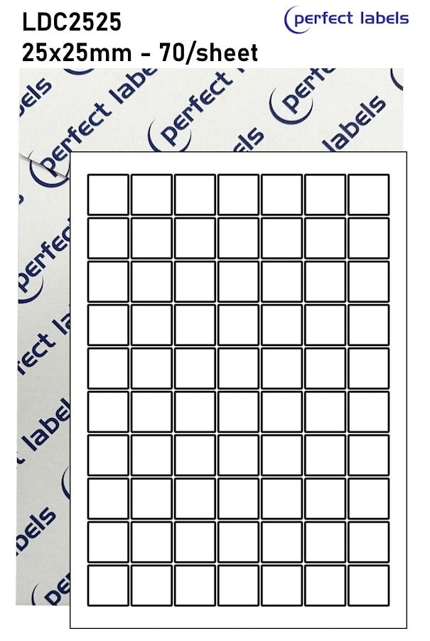 LDC2525 Yellow Permanent Perfect Labels | 25x25mm Squares 70 Labels Per Sheet - A4 100 or 500 Sheets/Box