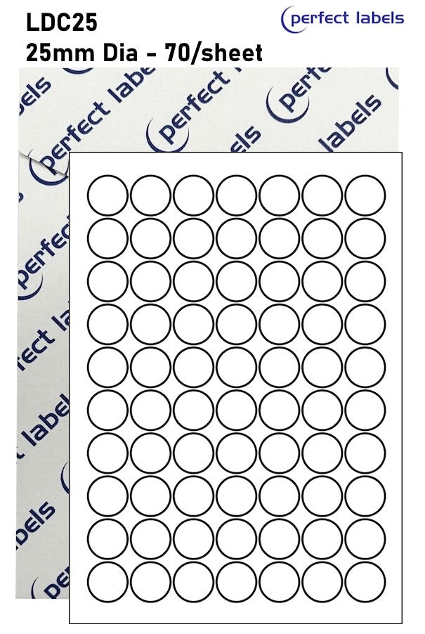 LDC25 White Deepfreeze Perfect Labels | 25mm Dia Circles 70 Labels Per Sheet - A4 100 or 500 Sheets/Box