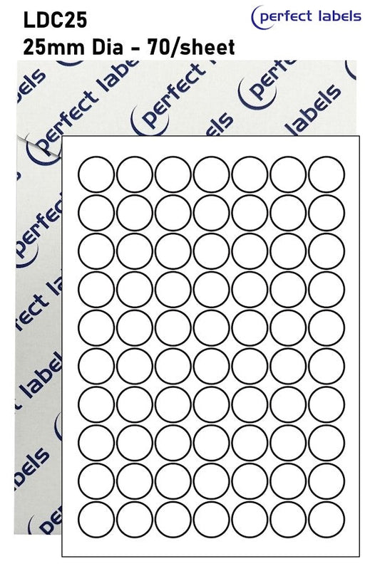 LDC25 White Deepfreeze Perfect Labels | 25mm Dia Circles 70 Labels Per Sheet - A4 100 or 500 Sheets/Box