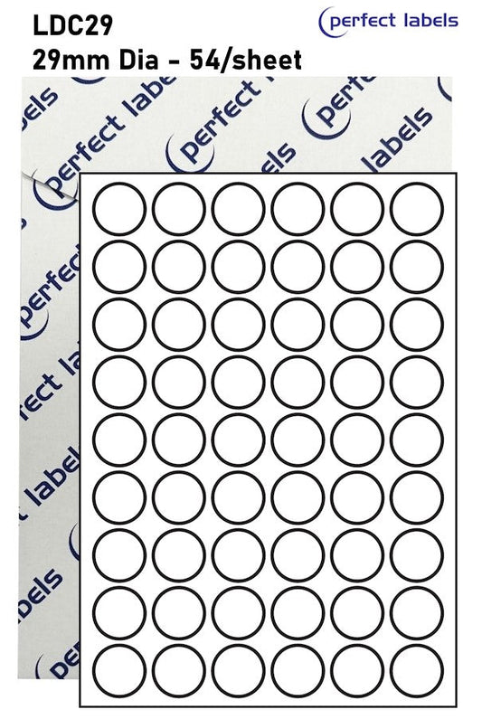 LDC29 White Deepfreeze Perfect Labels | 29mm Dia Circles 54 Labels Per Sheet - A4 100 or 500 Sheets/Box