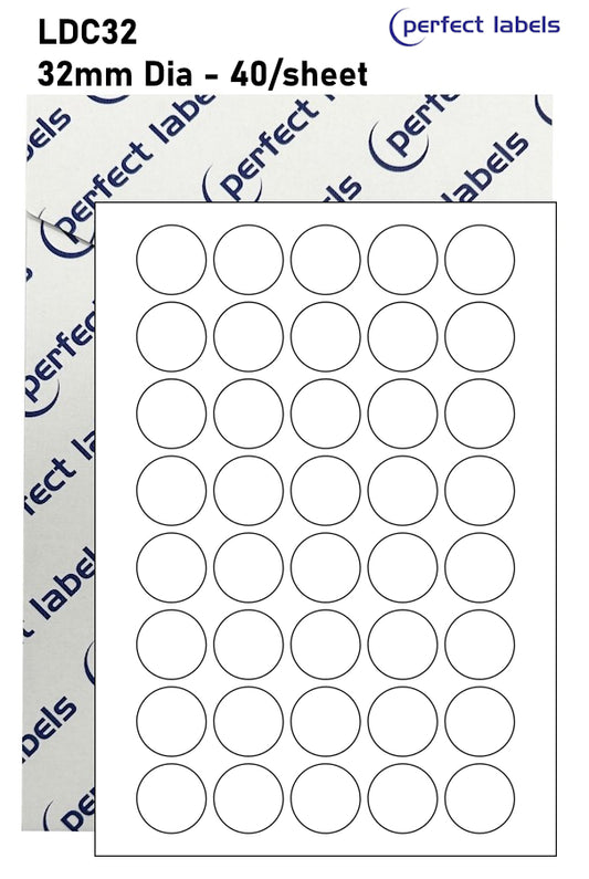LDC32 White Permanent Perfect Labels | 32mm Dia Circles 40 Labels Per Sheet - A4 100 or 500 Sheets/Box