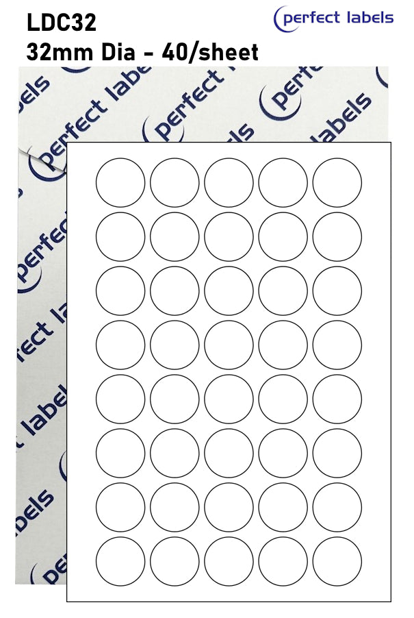 LDC32 Blue Permanent Perfect Labels | 32mm Dia Circles 40 Labels Per Sheet - A4 100 or 500 Sheets/Box