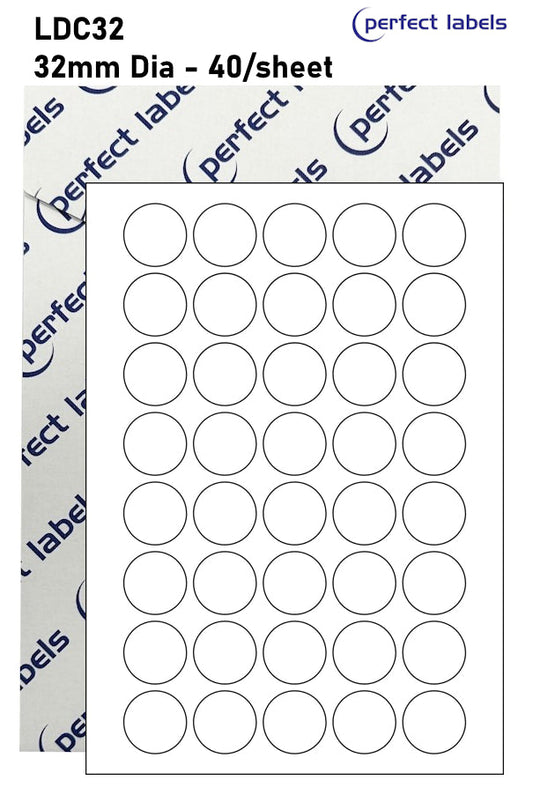 LDC32 Blue Permanent Perfect Labels | 32mm Dia Circles 40 Labels Per Sheet - A4 100 or 500 Sheets/Box