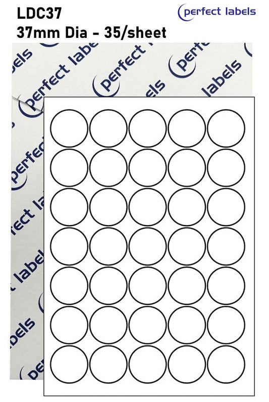 LDC37 Blue Permanent Perfect Labels | 37mm Dia Circles 35 Labels Per Sheet - A4 100 or 500 Sheets/Box
