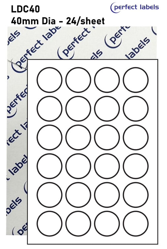 LDC40 White Deepfreeze Perfect Labels | 40mm Dia Circles 24 Labels Per Sheet - A4 100 or 500 Sheets/Box