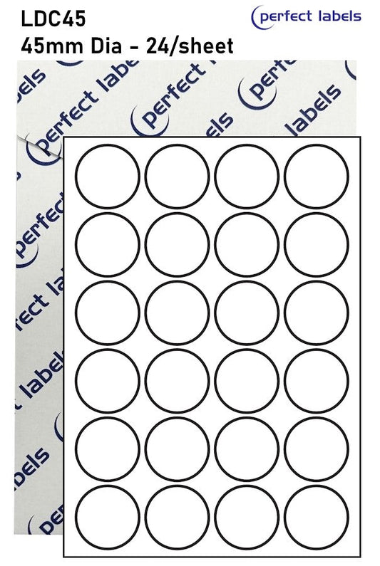 LDC45 White Deepfreeze Perfect Labels | 45mm Dia Circles 24 Labels Per Sheet - A4 100 or 500 Sheets/Box