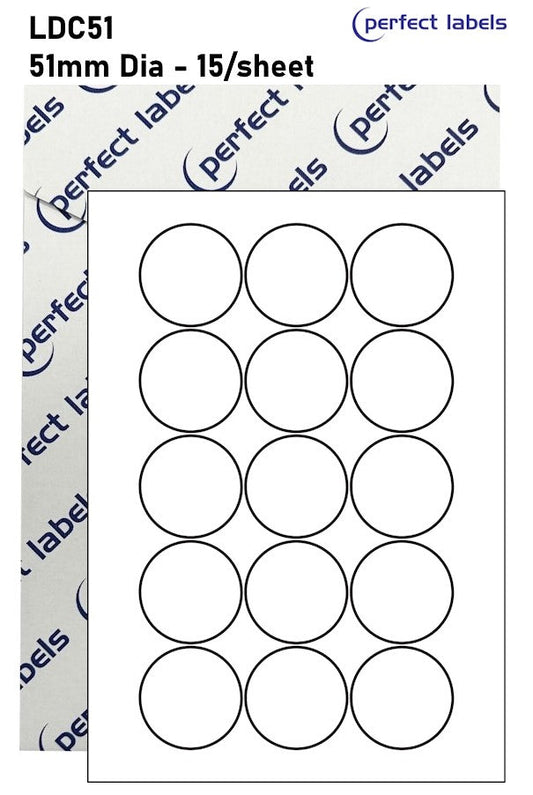 LDC51 White Deepfreeze Perfect Labels | 51mm Dia Circles 15 Labels Per Sheet - A4 100 or 500 Sheets/Box