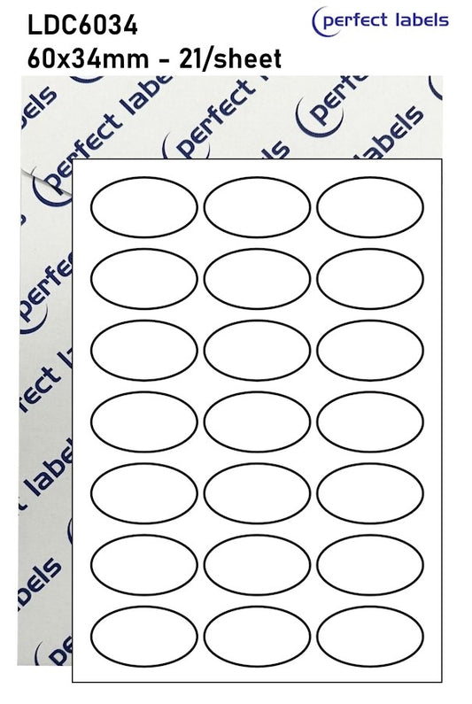 LDC6034 Perfect Labels | 60x34mm Ovals 21 Labels Per Sheet - A4 100 or 500 Sheets/Box