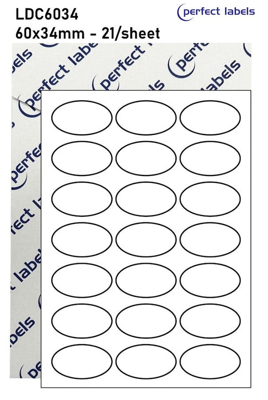 LDC6034 White Deepfreeze Perfect Labels | 60x34mm Ovals 21 Labels Per Sheet - A4 100 or 500 Sheets/Box