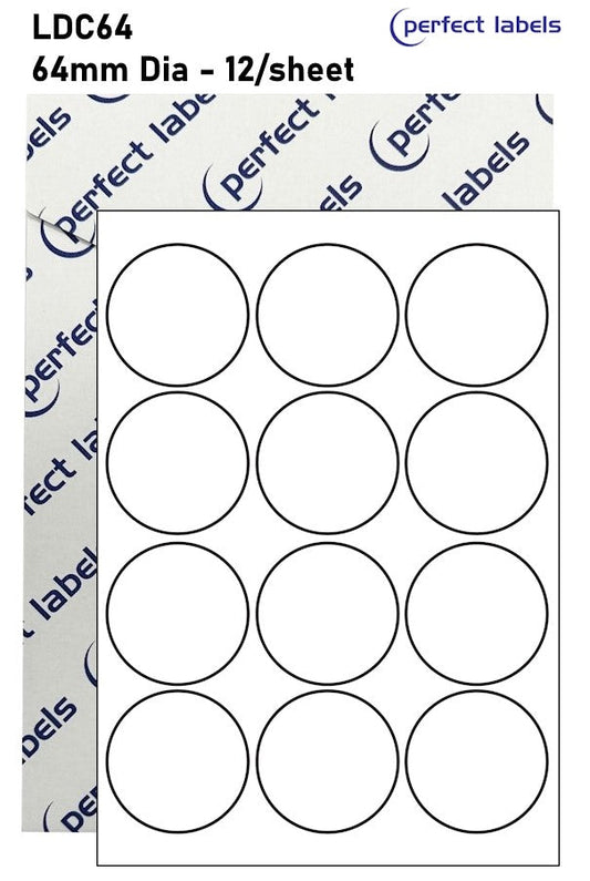 LDC64 White Deepfreeze Perfect Labels | 64mm Dia Circles 12 Labels Per Sheet - A4 100 or 500 Sheets/Box