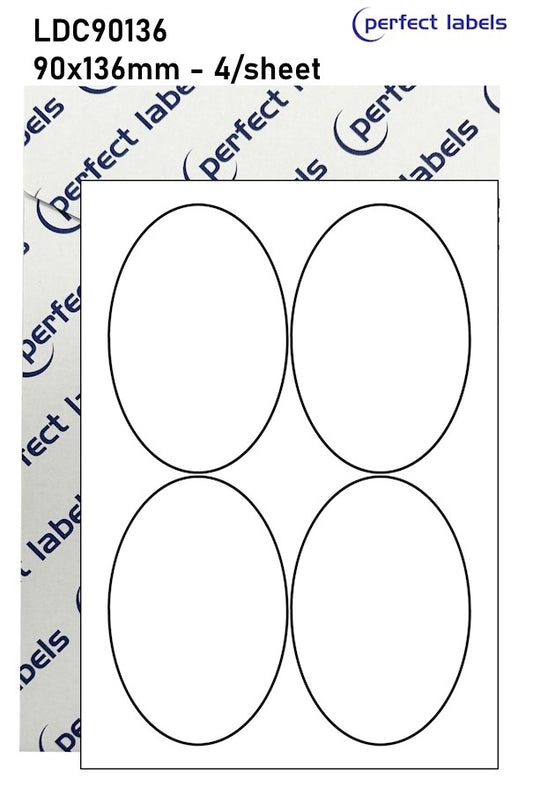 LDC90136 Perfect Labels | 90x136mm Ovals 4 Labels Per Sheet - A4 100 or 500 Sheets/Box