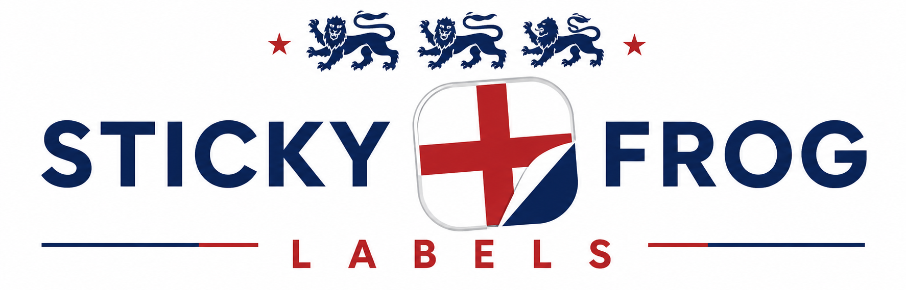 Sticky Frog Labels logo with three lions and a shield design on a white background
